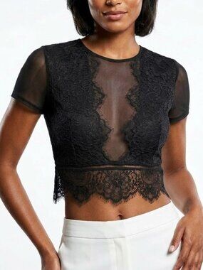 Express Whimsigoth Lace Mesh Zip Crop Top M